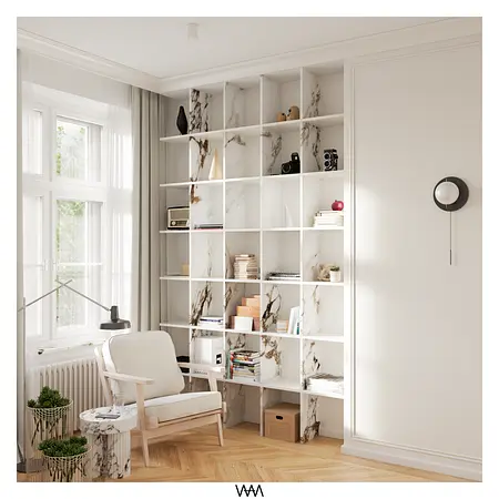 Wnętrze salonu w stylu soft minimalizm z białym regałem i marmurowymi akcentami.