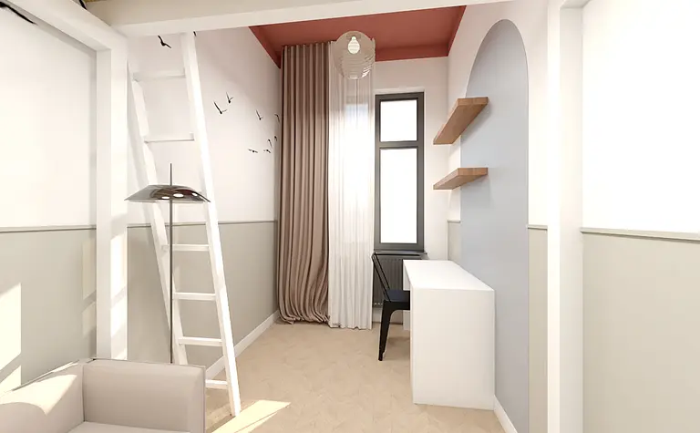 Wnętrze z białym biurkiem, drewnianymi półkami i zasłonami w stylu dopamine decor.