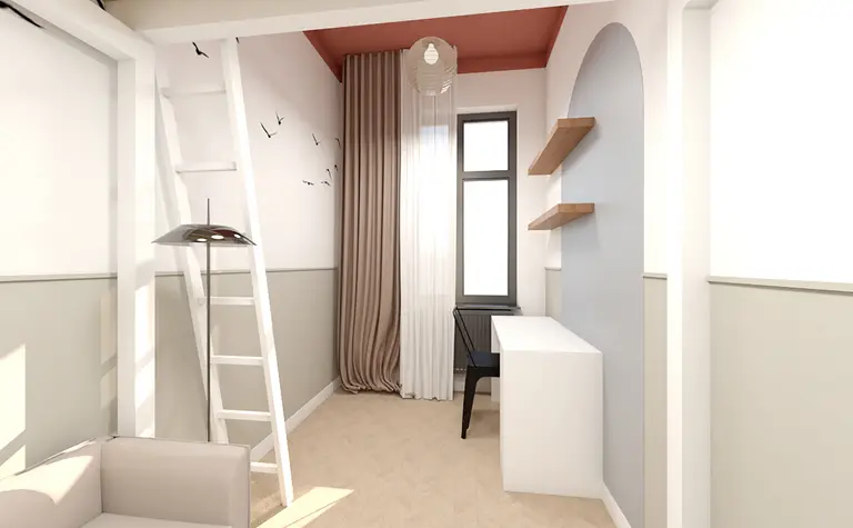 Wnętrze z białym biurkiem, drewnianymi półkami i zasłonami w stylu dopamine decor.