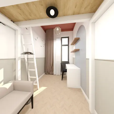 Wnętrze z białym biurkiem, drewnianymi półkami i zasłonami w stylu dopamine decor.