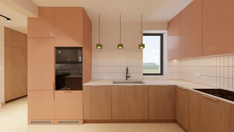 Kuchnia w stylu dopamine decor z różowymi meblami i minimalistycznymi detalami.