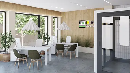 Wnętrze biura w stylu japandi i soft minimalizm z białymi meblami.