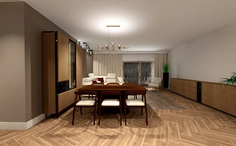 Wnętrze eklektycznej jadalni z drewnianym stołem, beżowymi krzesłami i roślinami.