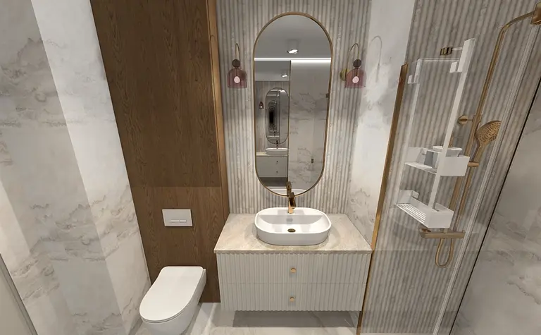 Nowoczesna łazienka z drewnianymi akcentami, dużym lustrem i minimalistycznym prysznicem.