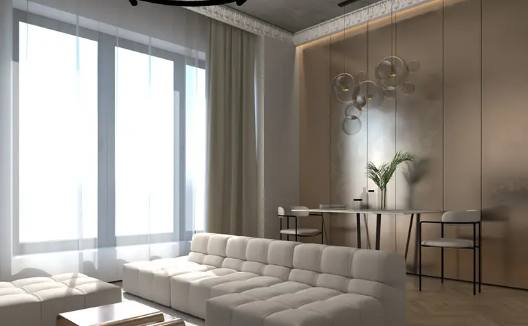 Wnętrze salonu w stylu glamour i minimalistycznym z białą sofą.