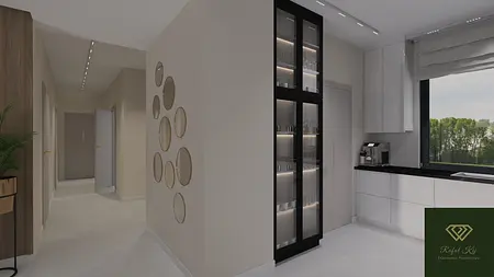Nowoczesna kuchnia z białymi meblami i czarnymi detalami oraz dużym oknem.