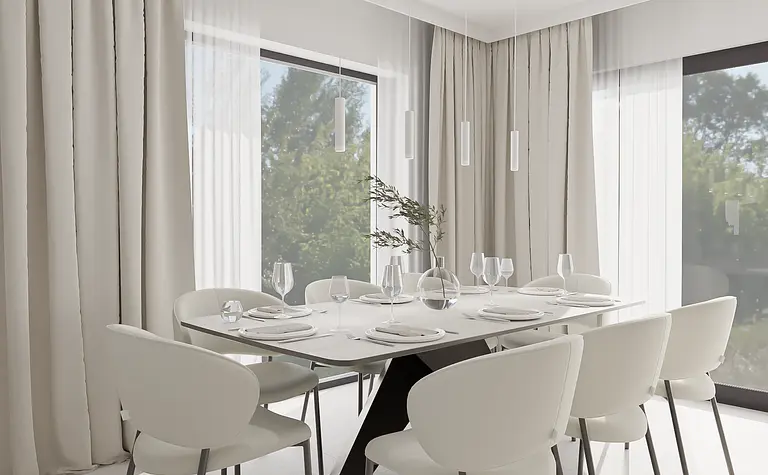Jadalnia z białym stołem, szarymi zasłonami i minimalistycznym stylem