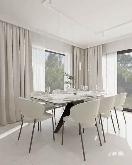 Jadalnia z białym stołem, szarymi zasłonami i minimalistycznym stylem