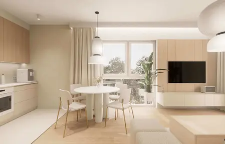 Wnętrze kuchni w stylu japandi i minimalistycznym z drewnem.