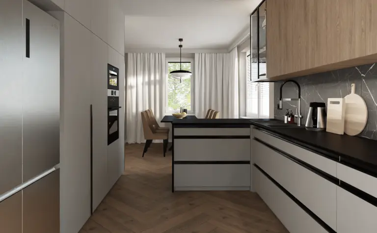 Nowoczesna kuchnia minimalistyczna z drewnianymi meblami i czarnym blatem