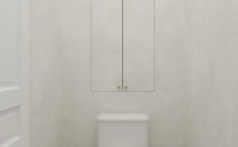 Toaleta z białymi ścianami, białą ceramiką i szarym wzorem podłogi w stylu art deco, minimaluxe, quiet luxury.