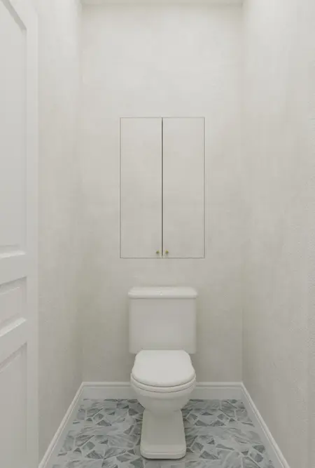 Toaleta z białymi ścianami, białą ceramiką i szarym wzorem podłogi w stylu art deco, minimaluxe, quiet luxury.