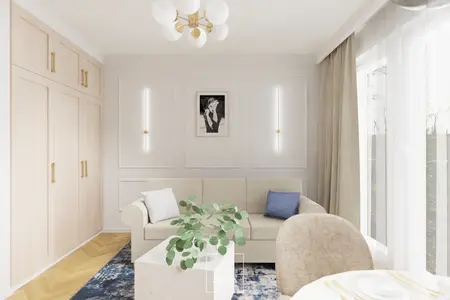 Salon w stylu nowoczesnym i tradycyjnym z jasnymi meblami i roślinami.