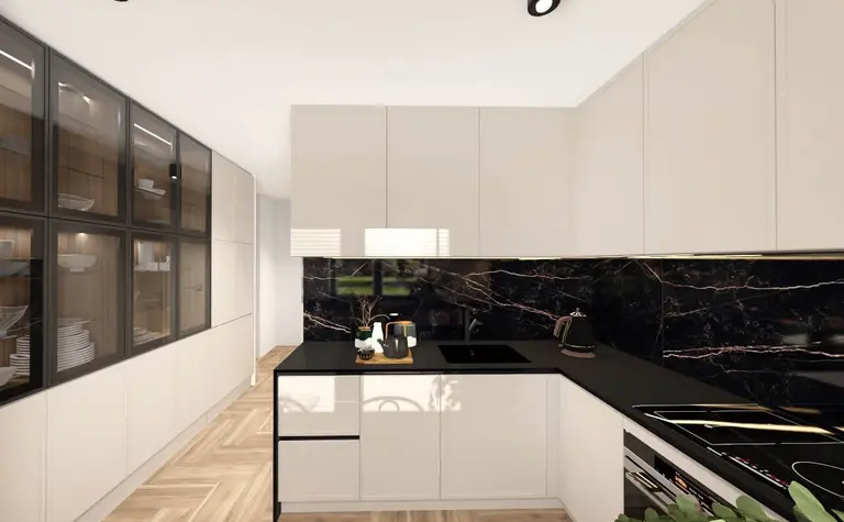 Kuchnia w stylu industrialnym z minimalistycznym designem i nowoczesnymi akcentami.