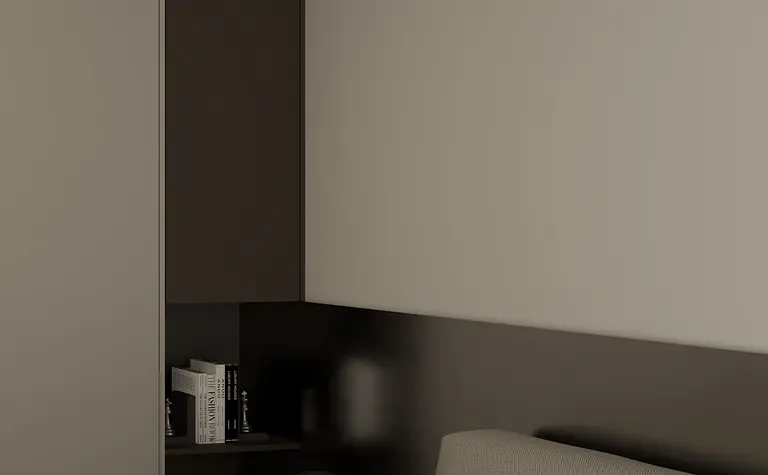 Sypialnia w minimalistycznym stylu z szarymi ścianami i nowoczesnym oświetleniem.
