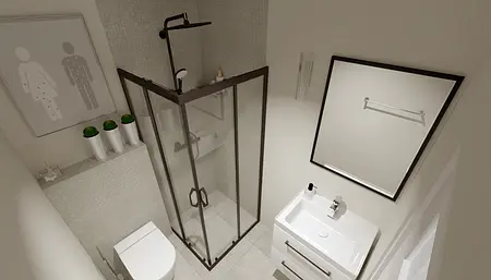 Współczesna łazienka z kabiną prysznicową i umywalką.