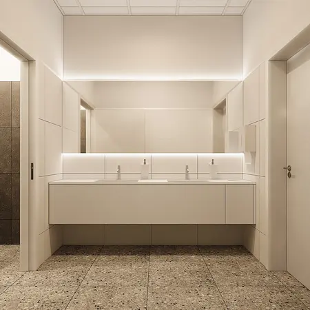 Nowoczesna łazienka z minimalistycznym wystrojem, białą umywalką i delikatnym oświetleniem.
