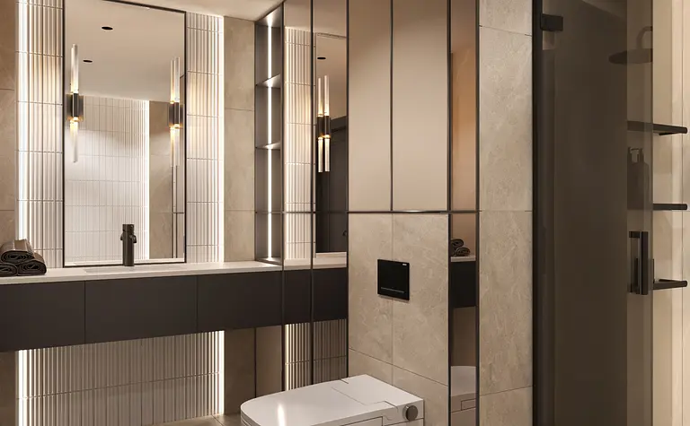 Stylowa łazienka w stylu art deco i glamour z dużym lustrem i nowoczesną kabiną prysznicową.