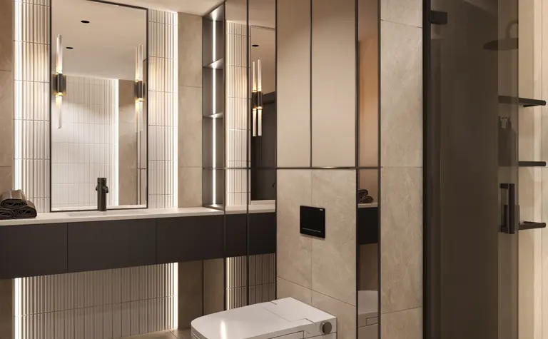 Stylowa łazienka w stylu art deco i glamour z dużym lustrem i nowoczesną kabiną prysznicową.