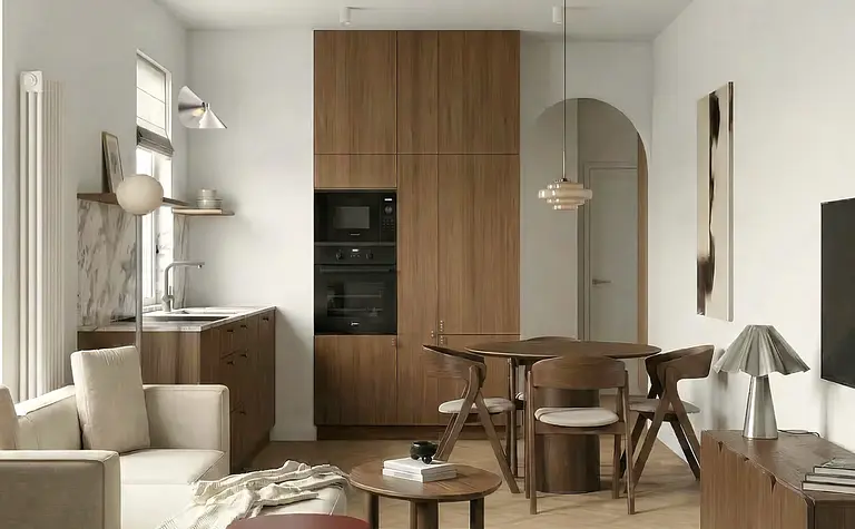 Eklektyczne wnętrze z minimalistycznymi meblami, drewnianymi detalami i nowoczesnym oświetleniem.