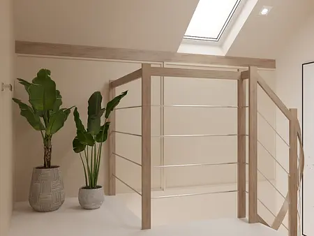Wnętrze z minimalistyczną balustradą i roślinami w donicach.