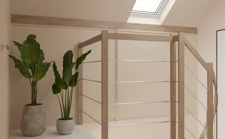 Wnętrze z minimalistyczną balustradą i roślinami w donicach.