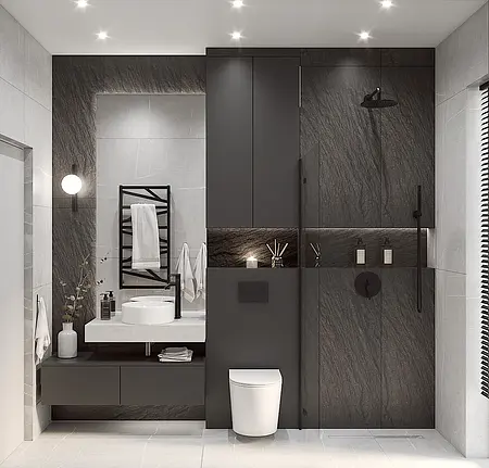 Nowoczesna łazienka z minimalistycznym designem, szarymi płytkami i czarnymi akcentami.