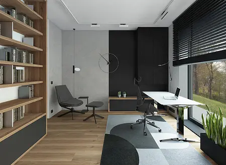 Wnętrze gabinetu w stylu minimalistycznym z biurkiem, książkami i roślinami.