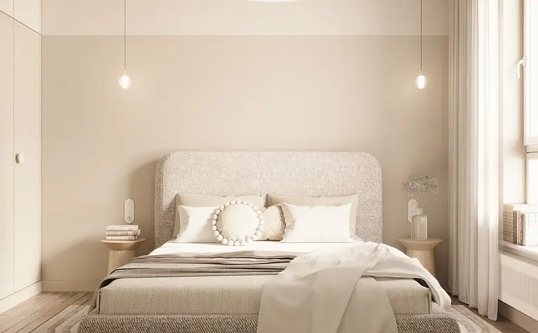 Sypialnia w stylu glamour i japandi z nowoczesnym łóżkiem, soft minimalizm
