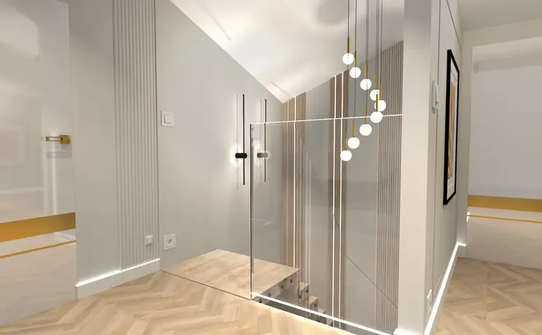 Wnętrze korytarza z nowoczesnymi i glamour akcentami, szklane balustrady, drewniana podłoga.