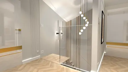 Wnętrze korytarza z nowoczesnymi i glamour akcentami, szklane balustrady, drewniana podłoga.