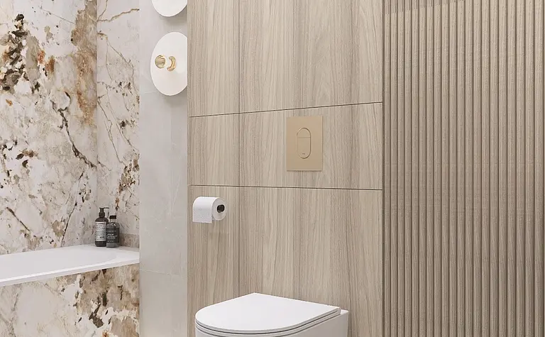 Nowoczesna łazienka w stylu japandi z drewnianymi ścianami i minimalistycznym designem.