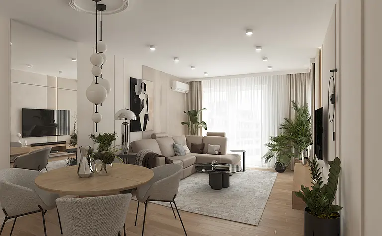 Wnętrze salonu w stylu minimaluxe z jasnymi meblami i roślinnością.