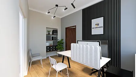 Wnętrze gabinetu z nowoczesnym biurkiem i minimalistycznym oświetleniem