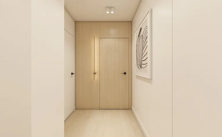 Przedpokój w stylach japandi i minimalistycznym z drewnianymi akcentami.