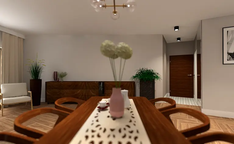 Eklektyczne wnętrze jadalni z drewnianym stołem, roślinami i eleganckim oświetleniem.