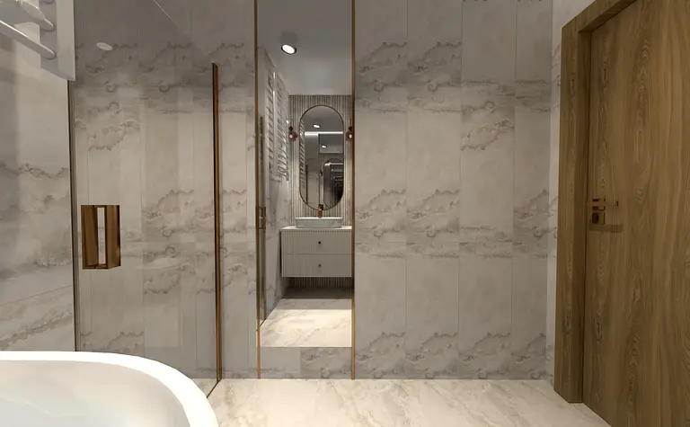 Współczesna łazienka z dużym lustrem, jasnymi kafelkami i drewnianymi akcentami.