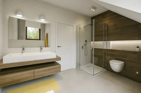 Wnętrze łazienki w stylach eklektycznym, minimalistycznym i współczesnym z drewnianymi detalami.