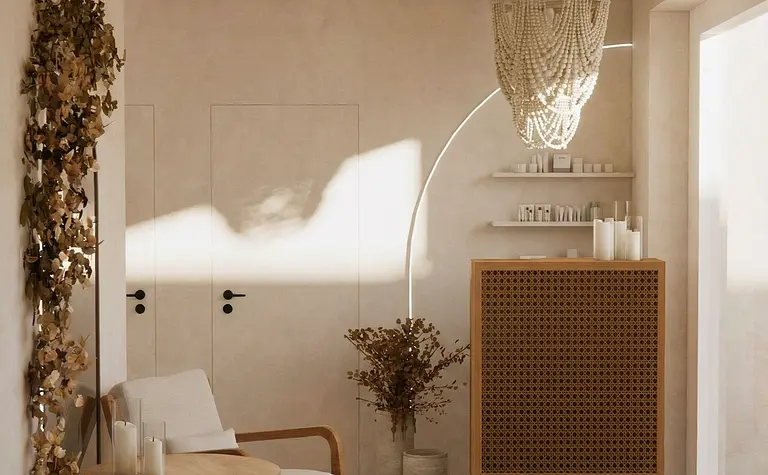 Przedpokój w stylu boho i japandi z beżowymi meblami i drewnianymi akcentami.