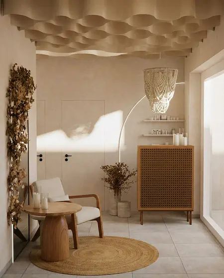 Przedpokój w stylu boho i japandi z beżowymi meblami i drewnianymi akcentami.