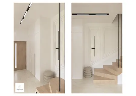 Przedpokój w stylu minimalistycznym z drewnianymi schodami i białymi ścianami.
