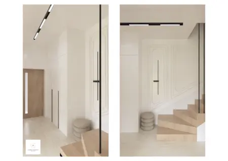 Przedpokój w stylu minimalistycznym z drewnianymi schodami i białymi ścianami.