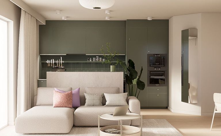 Wnętrze salonu z zielonymi akcentami, minimalistyczne, dopamine decor, japandi, soft minimalizm.