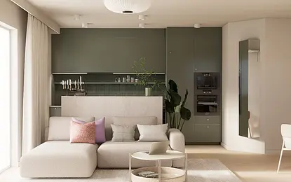 Wnętrze salonu z zielonymi akcentami, minimalistyczne, dopamine decor, japandi, soft minimalizm.