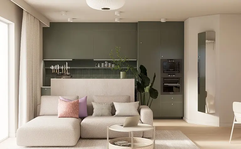 Wnętrze salonu z zielonymi akcentami, minimalistyczne, dopamine decor, japandi, soft minimalizm.