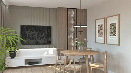 Wnętrze jadalni w stylu boho i skandynawskim z drewnianym stołem i roślinami