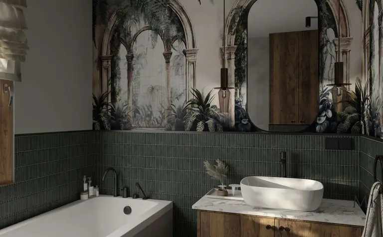 Wnętrze łazienki w stylu art deco i boho z zielonymi płytkami i drewnianymi elementami.