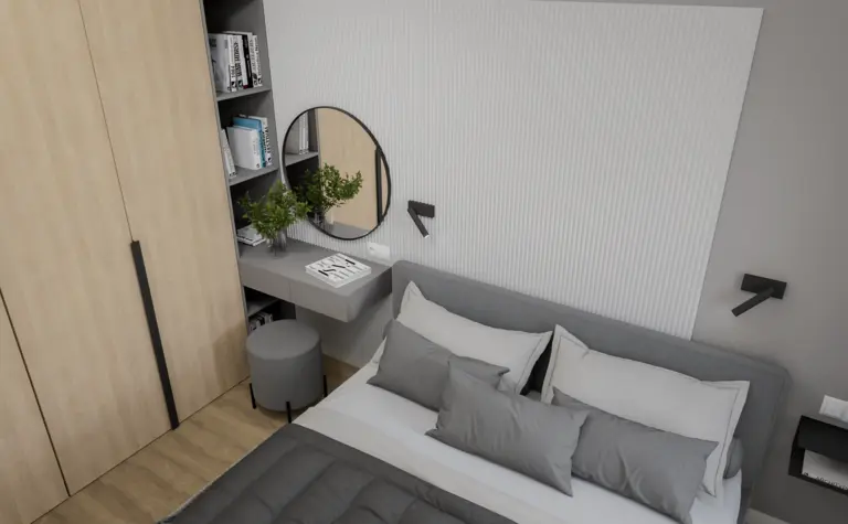 Sypialnia z szarym łóżkiem, drewnianą szafą i minimalistycznym biurkiem, soft minimalizm.