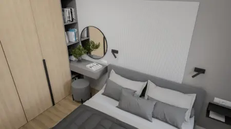 Sypialnia z szarym łóżkiem, drewnianą szafą i minimalistycznym biurkiem, soft minimalizm.