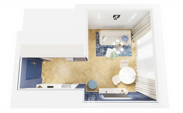 Wnętrze salonu z niebieskimi dodatkami, nowoczesny, quiet luxury, tradycyjny